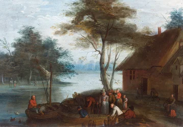 Paisaje fluvial con figuras junto a un edificio subiendo a botes