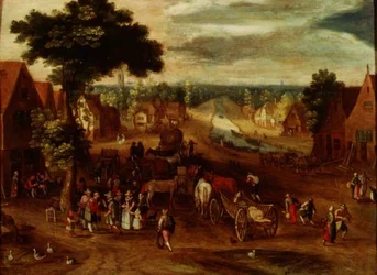Un pueblo con viajeros fuera de una posada