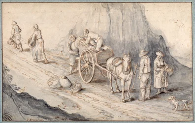 Campesinos cargando un carro de un solo caballo con vegetales de raíz