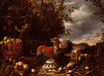 Una naturaleza muerta de caza con pájaros muertos, jaulas, frutas y un perro junto a una glorieta en un paisaje