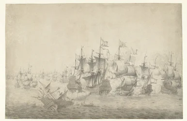 Una batalla naval, posiblemente en Lowestoft el 13 de junio de 1665 (página izquierda)