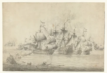 Una batalla naval, posiblemente en Lowestoft el 13 de junio de 1665 (página derecha)