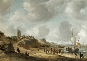 Una vista de Egmond aan Zee con pescadores en la playa y barcos en alta mar