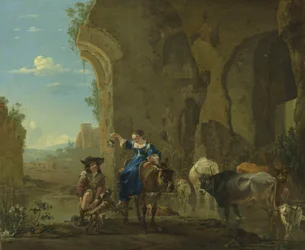 Paisaje italianizante con viajeros junto a un arroyo con ganado
