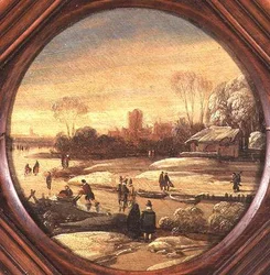Un paisaje invernal con patinadores en un canal congelado