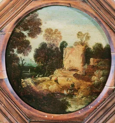 Paisaje boscoso con pastores y cabras junto a un estanque