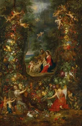La Sagrada Familia rodeada de una guirnalda de frutas sostenida por putti (óleo sobre tabla)