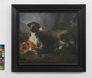 Un sabueso de jabalí con un trozo de carne cerca de un gato enfurecido, c.1647-55 (óleo sobre lienzo)
