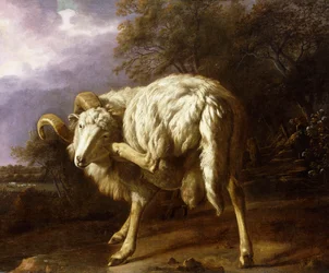 Un carnero en un paisaje boscoso