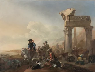 Cazadores cerca de las ruinas