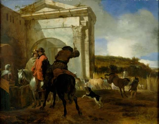 Paisaje italiano con jinetes junto a un manantial