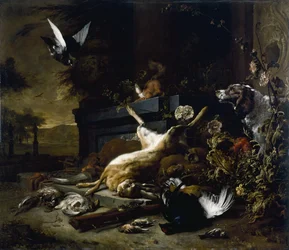 Naturaleza muerta de caza incluyendo una liebre, urogallo negro y perdiz, un spaniel mirando con una paloma en vuelo, c. 1680
