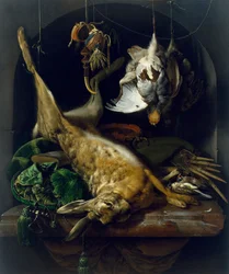 Naturaleza muerta con una liebre muerta, perdices y otras aves en un nicho, c.1675