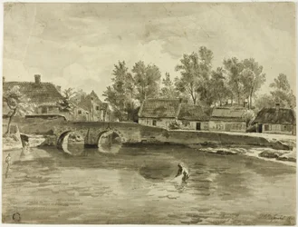 Hombre pescando en el río cerca del pueblo