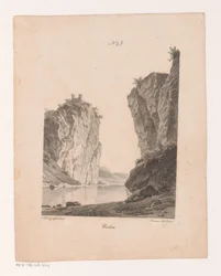 Rotsen langs het agua Rocas (título en el objeto) Principios de los paisajes extraídos de la naturaleza y ejecutados en piedra (título de la serie)