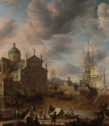 Un puerto capricho mediterráneo con figuras conversando en un muelle y un tres palos neerlandés amarrado al fondo, 1665