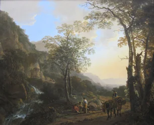 Holandés: Paisaje montañoso meridional con pastores descansando Paisaje a la italiana con viajeros en un sendero