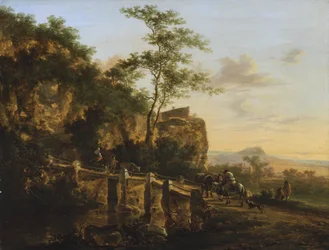 Holandés: Paisaje meridional con viajeros cerca de un puente (¿el Ponte Acquoria cerca de Tivoli) Paisaje montañoso con un puente