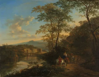 Paisaje italiano con el puente Lucano sobre el río Aniene, c.1650-1652 (óleo sobre cobre)