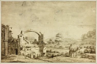 Paisaje Italianizante con Ruinas, Mujer y Burro