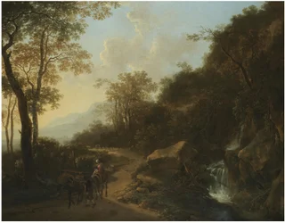 Paisaje a la italiana con viajeros cruzando un arroyo