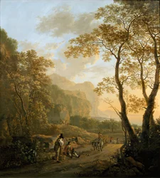 Paisaje con viajeros descansando y carreta de bueyes