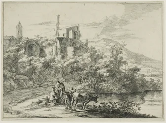 Paisaje con ruinas y dos vacas junto al agua, de una serie de cuatro paisajes romanos horizontales