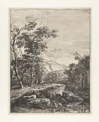 Paisaje con una mujer montada en una mula junto al Aqua Negro entre Bolonia y Florencia - Paisajes italianos (título de la serie)