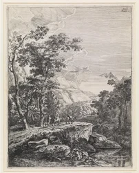 Paisaje con una mujer montada en una mula junto al Aqua Negro entre Bolonia y Florencia