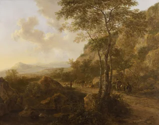 Paisaje de montaña con arrieros en una pista