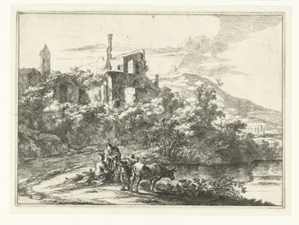 Dos vacas junto al agua en Tivoli Paisajes alrededor de Roma (título de la serie)
