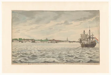 La ciudad de Colombo en Ceilán vista desde el norte en el año 1785 desde los caminos, con su iglesia y torre demolidas, que estaban siendo reconstruidas. (título en el objeto)