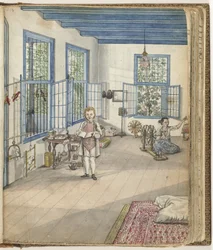 El hijo de Brandes, Johnny, y la esclava Flora hilando, 1784