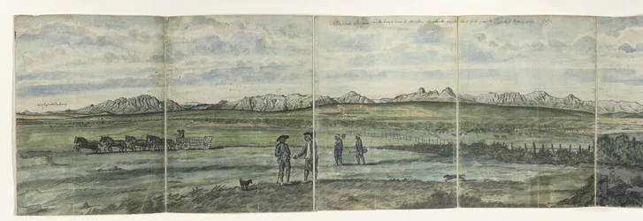Panorama de la Holanda hotentote Kaapsche Bergen desde el Cabo hacia el norte que se extiende desde Baay fals hasta Tygerberg. 1787 (título sobre el objeto)