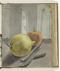 Bodegón con frutas, cuchillo y lápiz.
