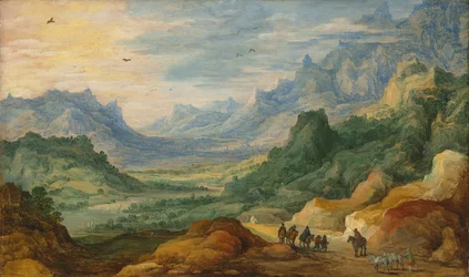 Paisaje montañoso con viajeros y pastores en un camino