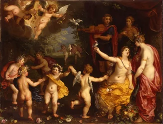 Alegoría del Amor: Venus Sosteniendo un Par de Palomas Atadas, con Ceres, Apolo y Diana, Rodeados de Putti Bailando, en un Paisaje