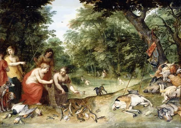 Una alegoría de los elementos, Tierra, Aire y Agua: Ninfas bañándose en un claro boscoso con trofeos de la caza cerca, c.1621
