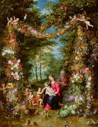 La Virgen y el Niño con el infante San Juan Bautista, Santa Ana y ángeles, rodeados por una guirnalda de flores y frutas
