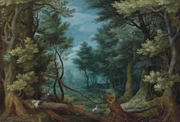 Un paisaje forestal con cazadores persiguiendo a un ciervo