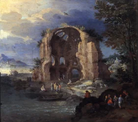 Paisaje costero con pescadores y ruinas del Templo de Minerva Medica