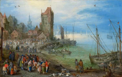 Escena portuaria con lonja de pescado