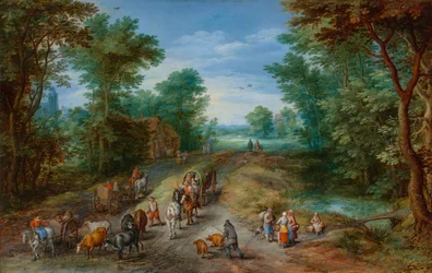Paisaje boscoso con viajeros