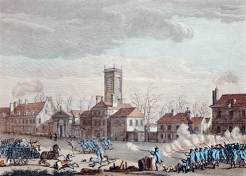 Batalla frente a la iglesia de la Chapelle, París, entre los guardianes de las barreras de los Fermiers Generaux y los revolucionarios el 24 de enero de 1791, c.1795