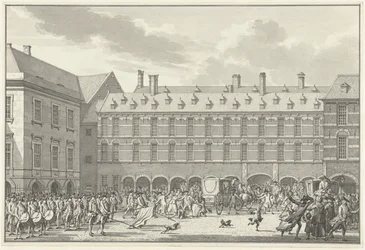 Disturbios cuando los diputados de Dordrecht atraviesan Stadhouderspoort en Binnenhof, 1786