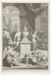 Busto de Hugo de Groot alabado por Victoria La vida y los negocios del Sr. Huig de Groot (título sobre el objeto) Página de título para: Caspar Brandt y Adriaan van Cattenburg, Historia de la vida del Sr. Huig de Groot, 1727