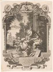 Cartouche con alegoría de la historia de Grecia Página de título para: Kornelis Westerbaen, Algemeene histori, 1742