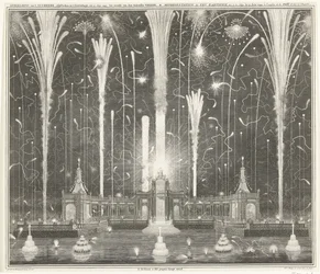 Fuegos artificiales en La Haya por la Paz de Aquisgrán, 1749 Representación de los fuegos artificiales disparados en La Haya el 13 de junio de 1749, utilizada por den Aakensche Vreede / Representation du feu d