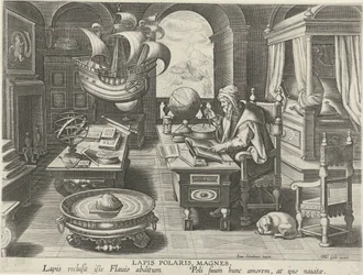 Invención de la brújula Lapis Polaris, Magnes (título sobre objeto) Nuevos inventos y descubrimientos (título de la serie) Nova Reperta (título de la serie)