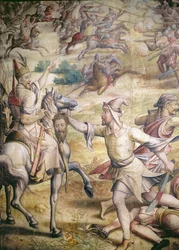 Campaña del Emperador Carlos V contra los Turcos en Túnez en 1535: la Captura de Goletta, (detalle) de un soldado de infantería sosteniendo una cabeza desmembrada